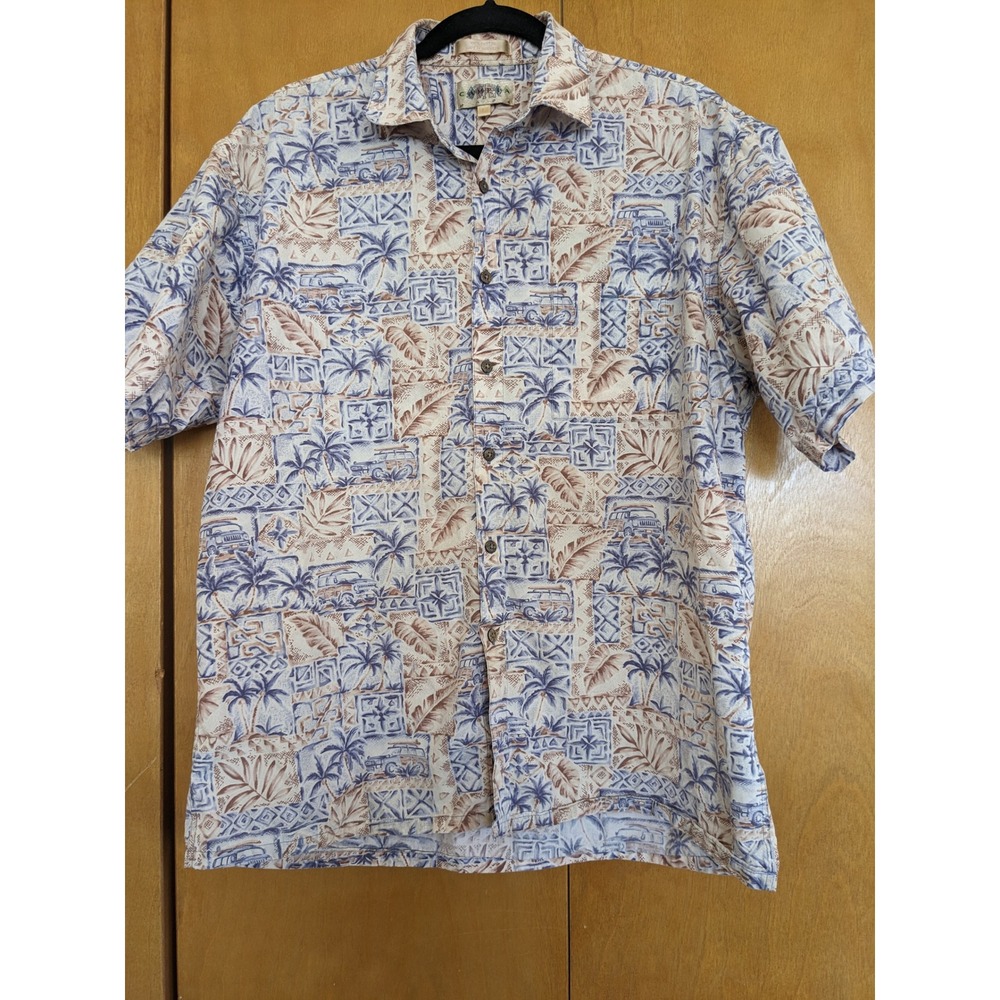 Campia Moda Mens L Blue Tan Tropical Palm Tree Woody Wagon Cotton Aloha Shirt
